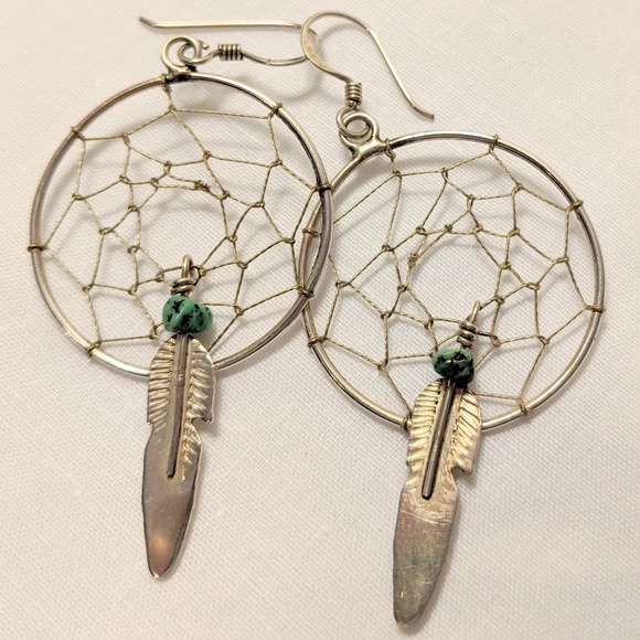 🦅 Vintage Dream Catcher Earrings Native American Sterling Silver Turquoise - Picture 5 of 5